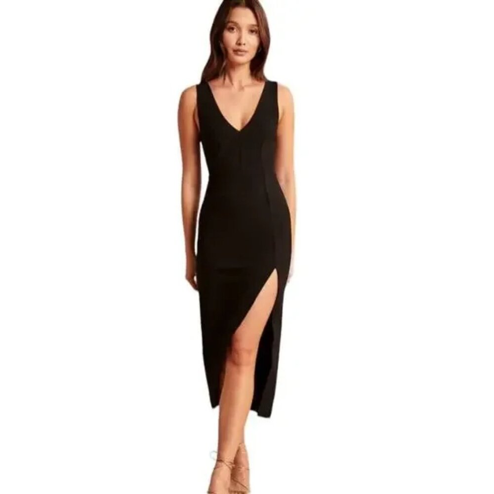 NWT Abercrombie & Fitch Black Plunge V‑Neck Midi Dress — Small, Petite